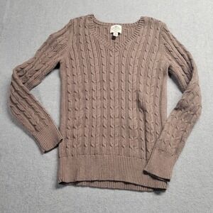 St Johns Bay Womens Sweater Sz S Light Brown V Neck Cable‎ Knit Pullover Fitted